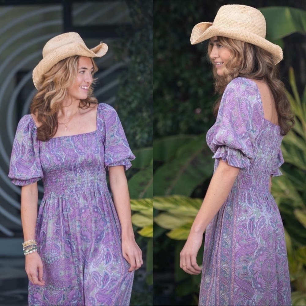 Perry Walker Collective Grace Purple Paisley Smocked Bohemian Midi Dress Silk